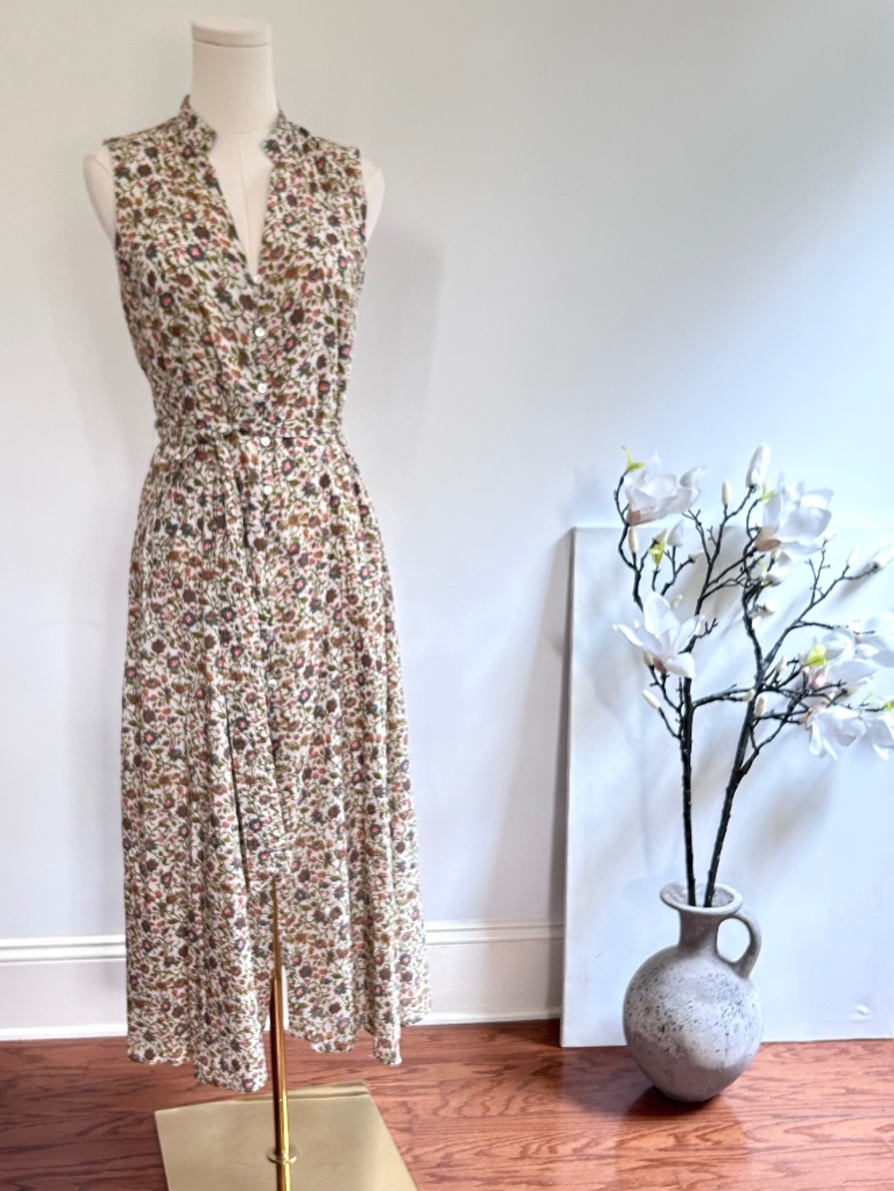 Cleobella Cheyenne Viti Flora Midi Dress XS Organic Cotton Button Front Belted